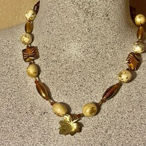 Handmade Beaded Necklace with Gold Leaf Pendant 18” Length